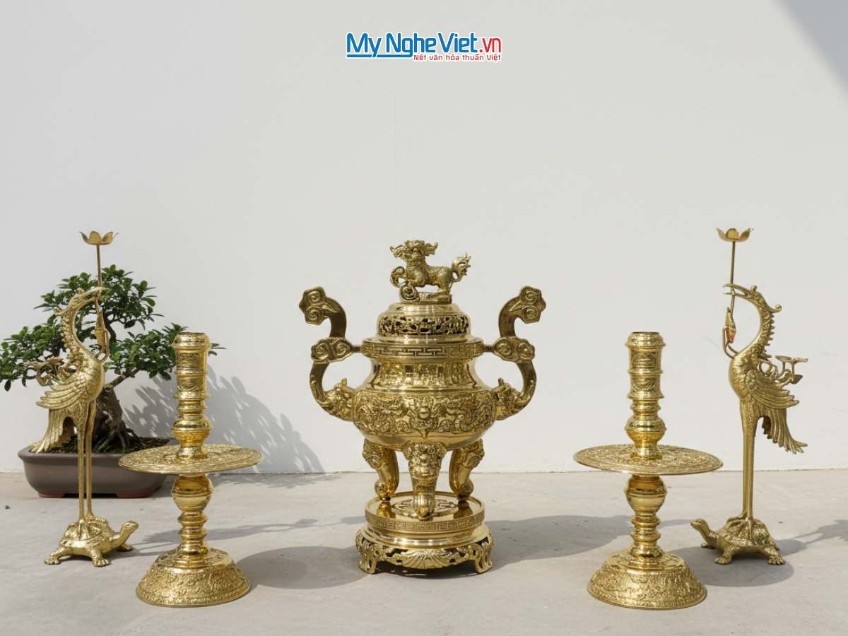 Bộ Lư (Đỉnh) Đồng Ngũ Sự và Đôi Chân Nến + Đôi Hạc Đồng - Bộ thờ cúng MNV-DD20-55