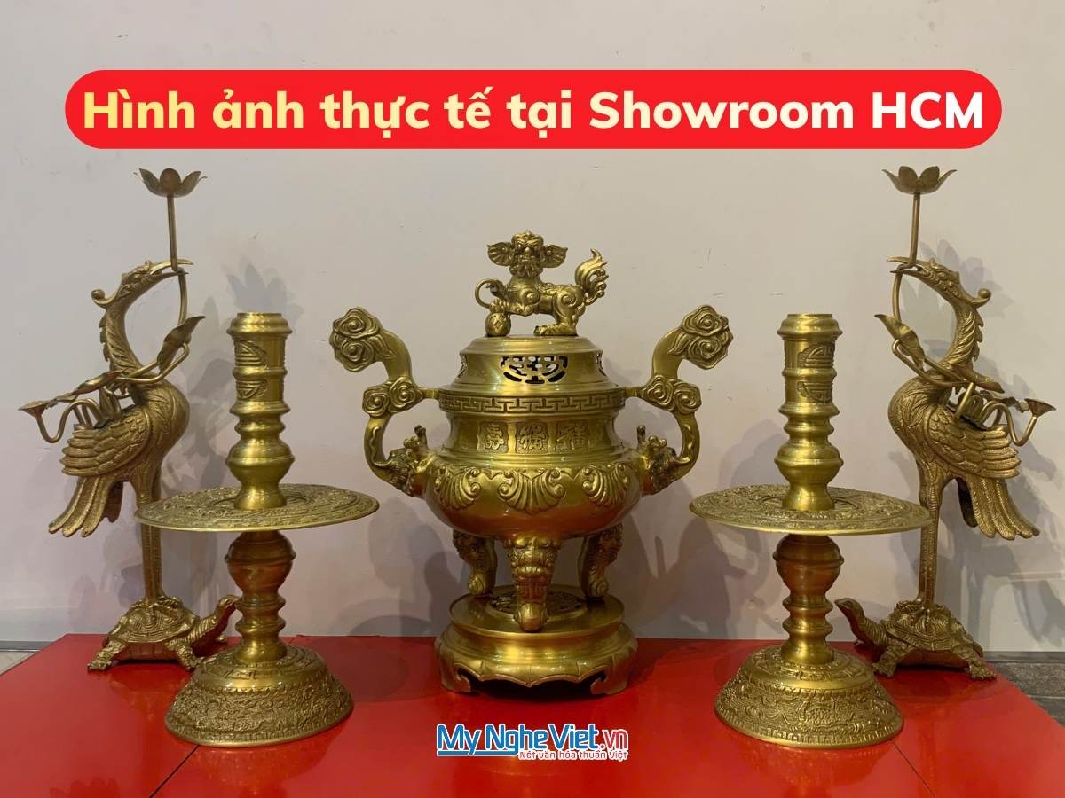 Combo Bộ Lư (Đỉnh) Đồng Ngũ Sự vàng đậm hoa sòi DD18/40NSS