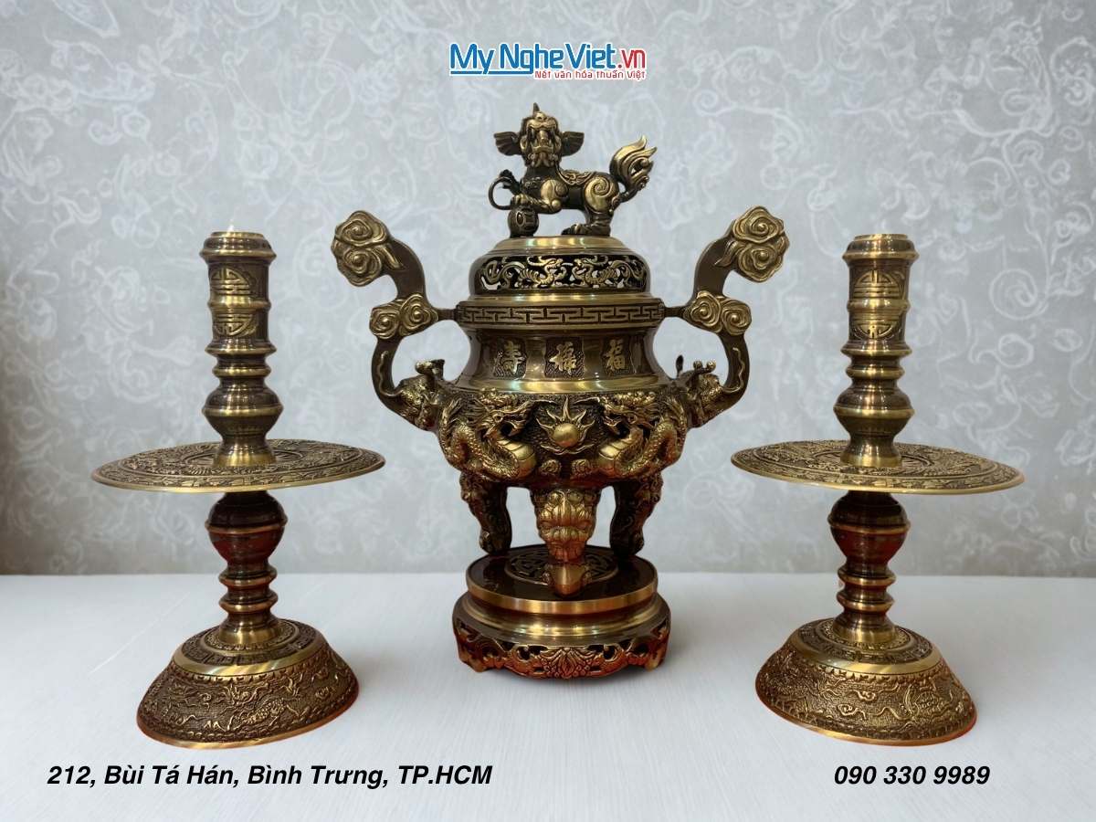 Bộ Tam Sự Bằng Đồng Cạo màu Chạm Rồng Phụng MNV-DD18/40 cao mau