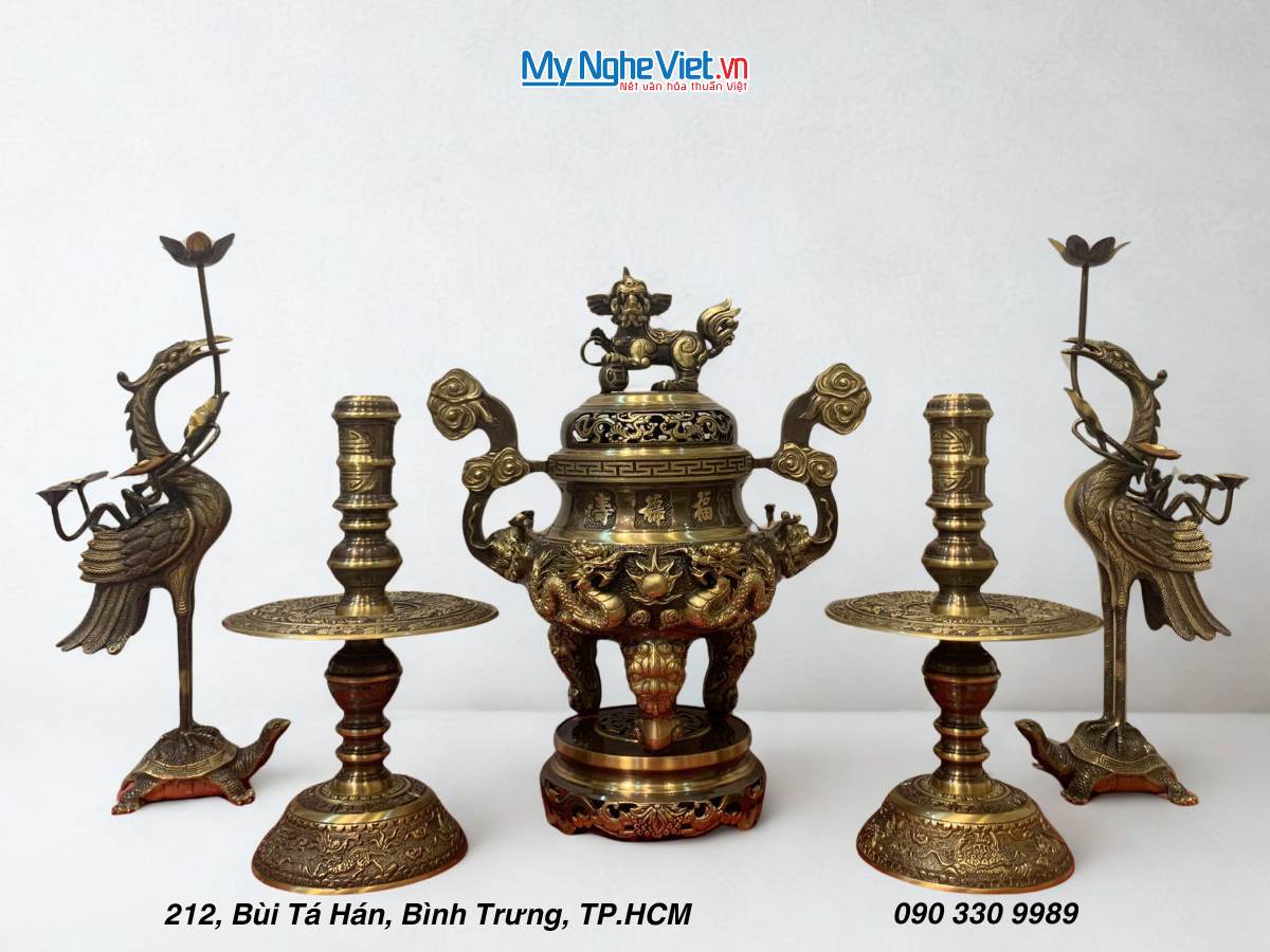 Bộ Ngũ Sự Bằng Đồng Cạo màu Chạm Rồng Phụng H40cm DD18/40NS cao mau