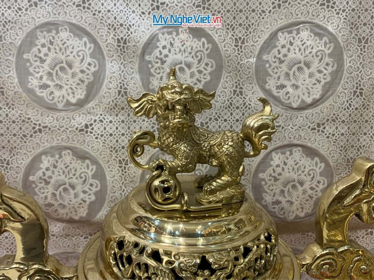 Bộ Lư (Đỉnh) Đồng Ngũ Sự và Đôi Chân Nến + Đôi Hạc Đồng - Bộ thờ cúng MNV-DD20-55