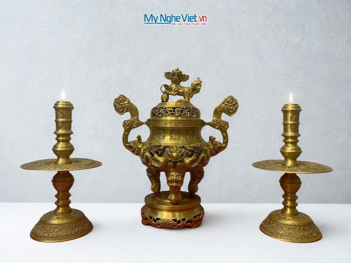 Bộ Tam Sự Cao Cấp Đồng Vàng Đậm chạm Rồng MNV-DD18/40-2