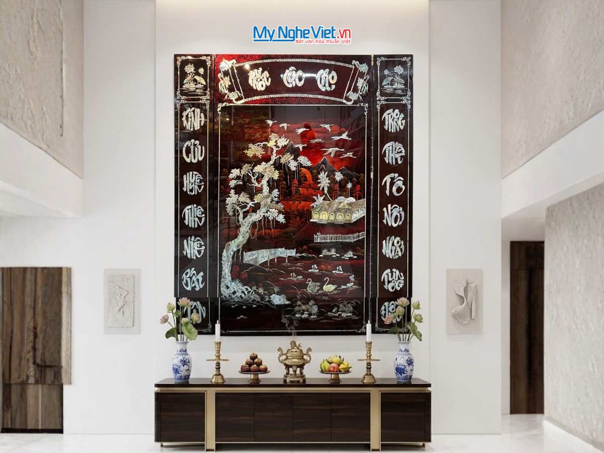 Liễn sơn mài - Cửu huyền thất tổ Phúc Lộc Thọ cẩn ốc nền ấm ngang 120x140cm SMA195-1214.2