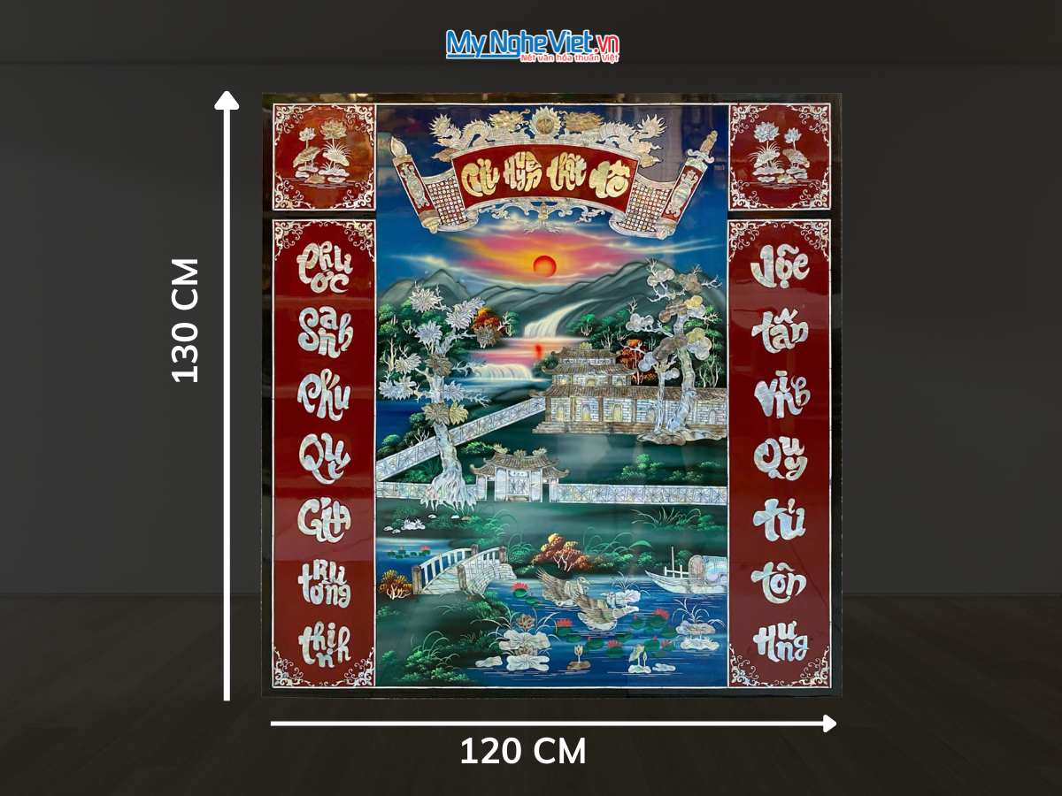 Liễn sơn mài - Cửu huyền thất tổ cẩn ốc nền xanh 120x130cm SMA195-1213/1
